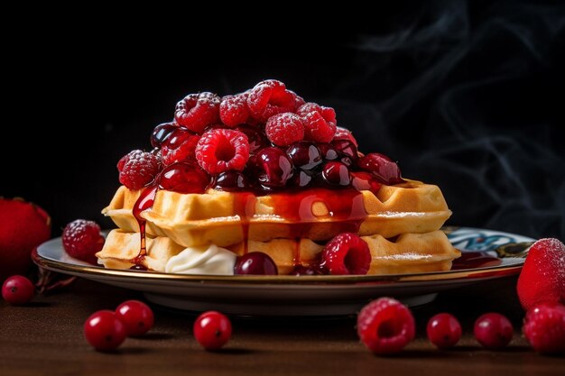 une assiette de gaufres aux framboises et au sirop.