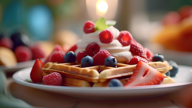 une assiette de gaufres aux fruits rouges et crème fouettée