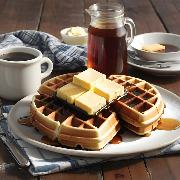 Photo une assiette de gaufres avec du sirop et du sirop dessus