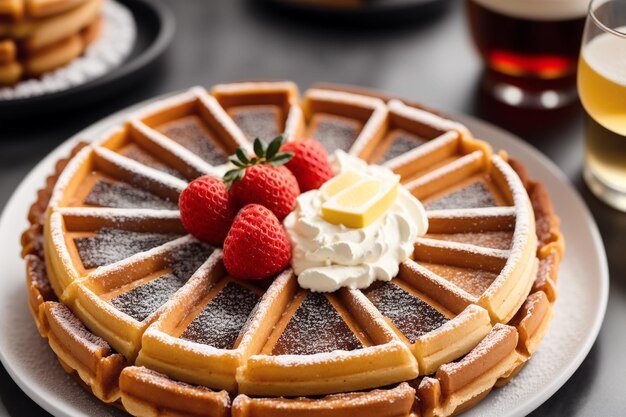 Une assiette de gaufres avec une fraise sur le dessus