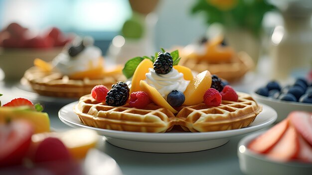 Une assiette de gaufres avec des fruits sur le dessus