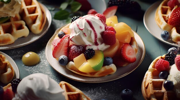 Une assiette de gaufres avec des fruits dessus