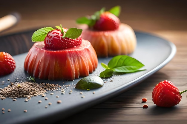 Une assiette de gelée de fraise avec une fraise sur le côté