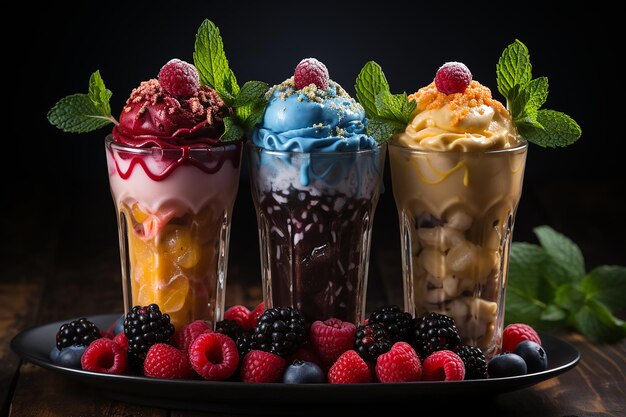 une assiette de glaces colorées aux baies et aux framboises.