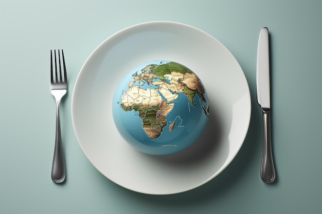 Une assiette avec un globe dessus et un couteau et une fourchette à droite.