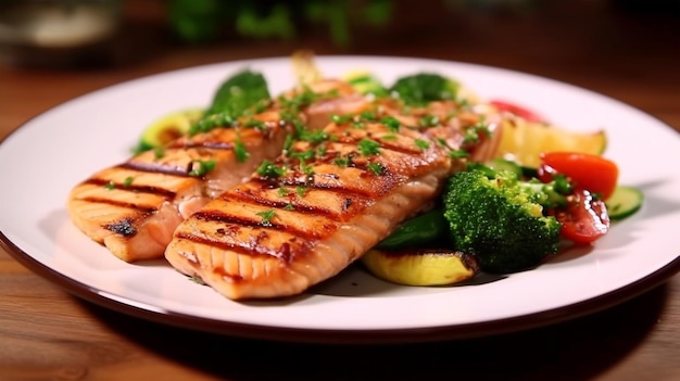 Assiette de grillade de steak de saumon avec des légumes dans le fond du restaurant agrandi AI généré