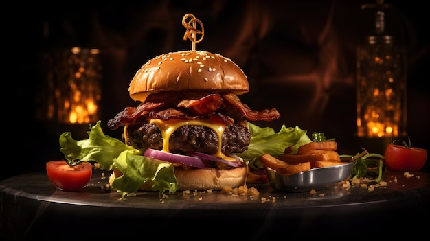 Une assiette avec un hamburger et des légumes sur fond sombre