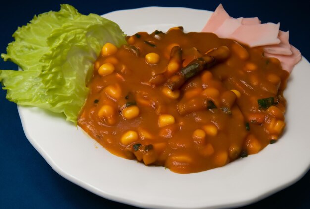 Une assiette de haricots, de la laitue et un morceau de laitue.