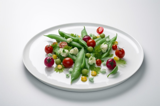 Une assiette de haricots verts et tomates avec un fond blanc