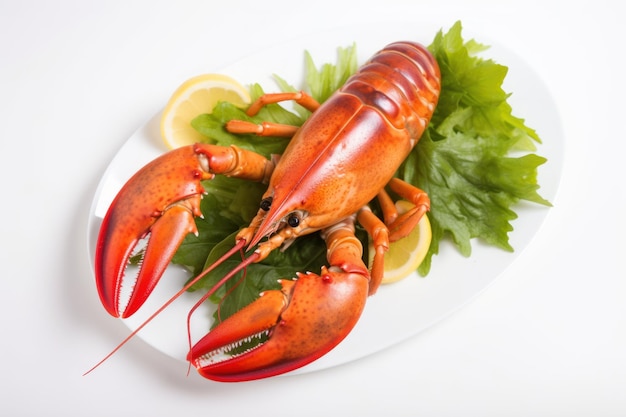 Une assiette de homard sur fond blanc