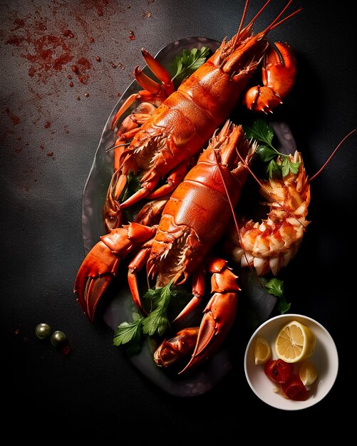 Une assiette de homards cuits avec un bol d'olives sur le côté