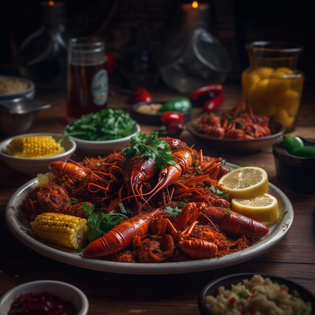 Une assiette de homards et de maïs avec un verre de bière sur le côté.