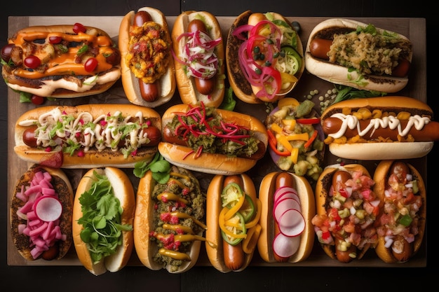 Assiette de hot-dogs avec une variété de garnitures différentes