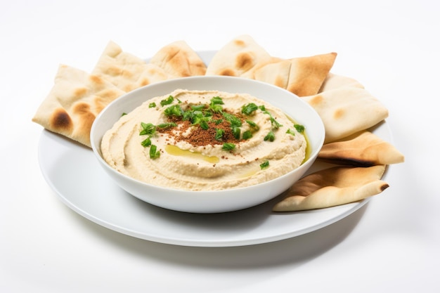 Assiette de houmous libanais sur fond blanc