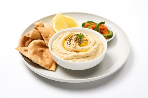 Assiette de houmous libanais sur fond blanc