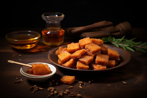 Photo une assiette de jaggery et de chicki d'arachide pour une collation croustillante