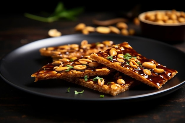 Photo une assiette de jaggery et de chicki d'arachide pour une collation croustillante