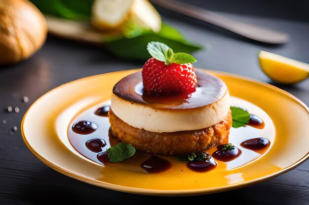 une assiette jaune avec un dessert aux fraises et au chocolat dessus