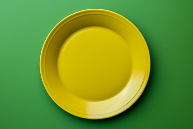 Assiette jaune vide sur fond vert Vue de dessus