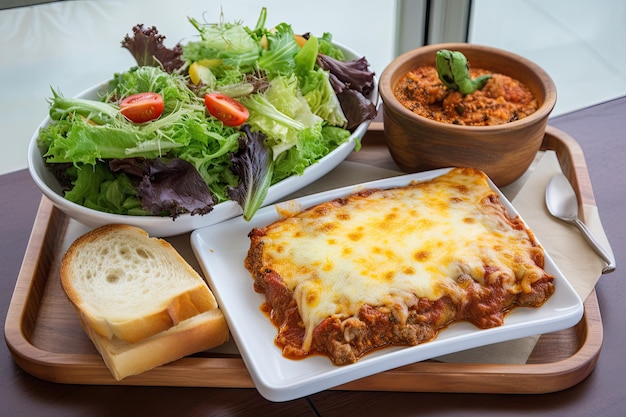 Assiette de lasagne pain à l'ail et salade du jardin