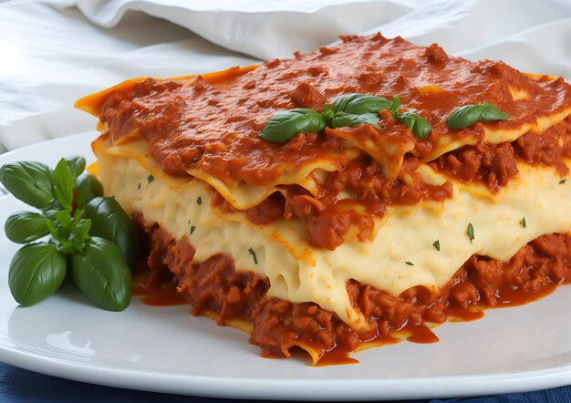 Une assiette de lasagne avec une tranche de lasagne dessus