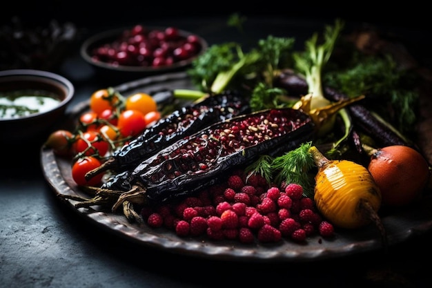 une assiette de légumes avec une bouteille de vin en arrière-plan.