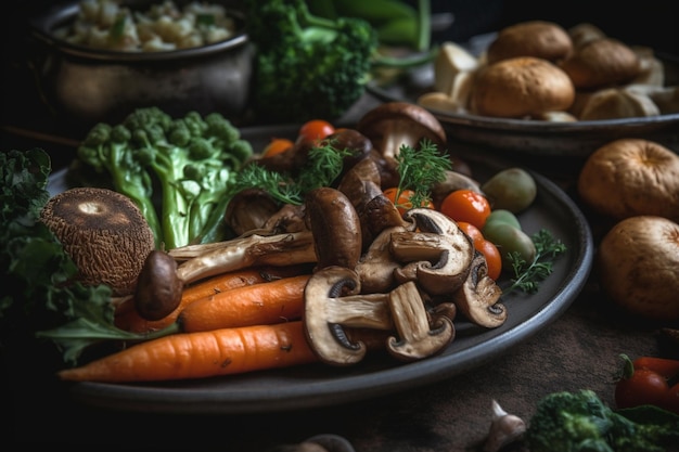 Une assiette de légumes avec des champignons et du brocoli dessus