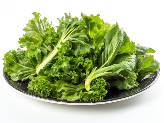 Une assiette de légumes à feuilles vertes avec le mot kale dessus