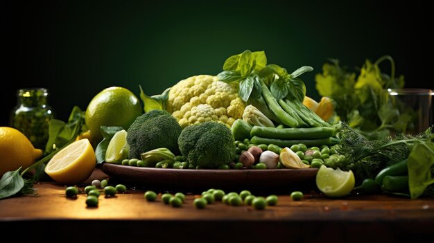 Une assiette de légumes et de fruits sur une table avec des citrons ai