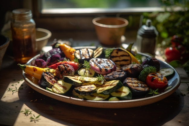 Photo une assiette de légumes grillés avec une bouteille d'huile d'olive à côté