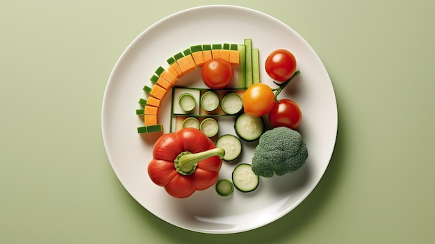 Une assiette de légumes avec une tomate rouge et du brocoli.