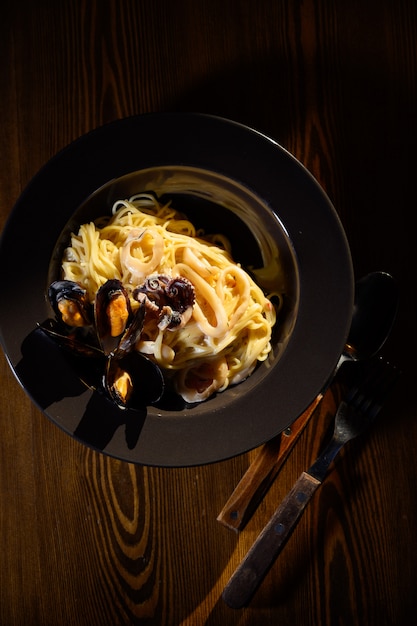 Assiette de linguine à la crème de pleurotes frais.