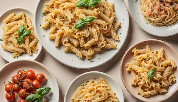 une assiette de macaroni et de fromage avec un tas d'autres assiettes de nourriture