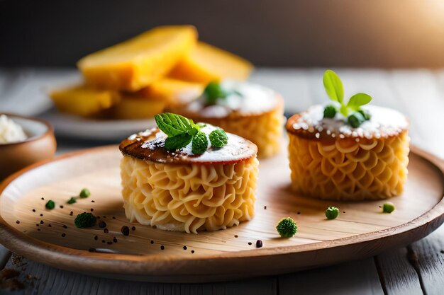 une assiette de macaroni et de gâteaux au fromage avec des feuilles de menthe sur une planche en bois.