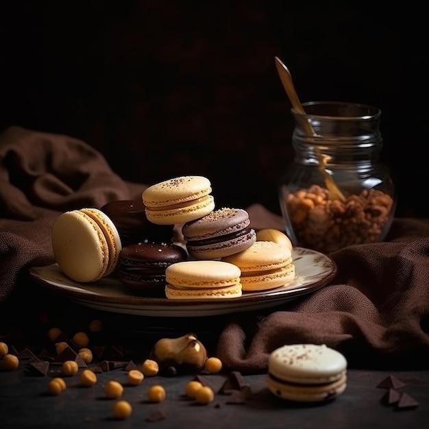 Une assiette de macarons et un bocal de noix