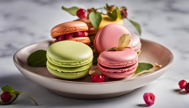 Photo une assiette de macarons colorés et de macaroni roses