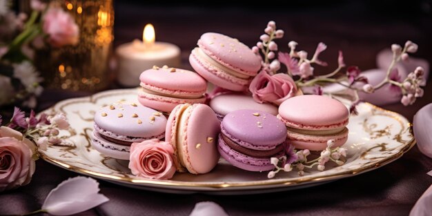 Une assiette de macarons et de fleurs sur une table Image numérique