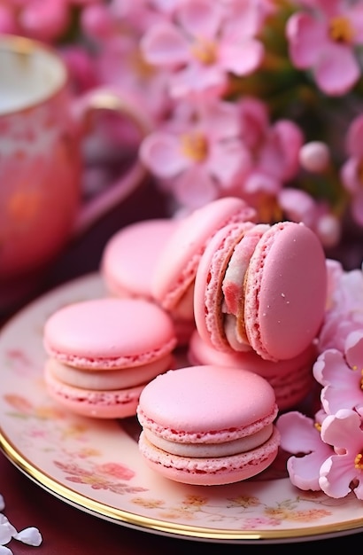 Une assiette de macarons roses avec des fleurs roses sur la table.
