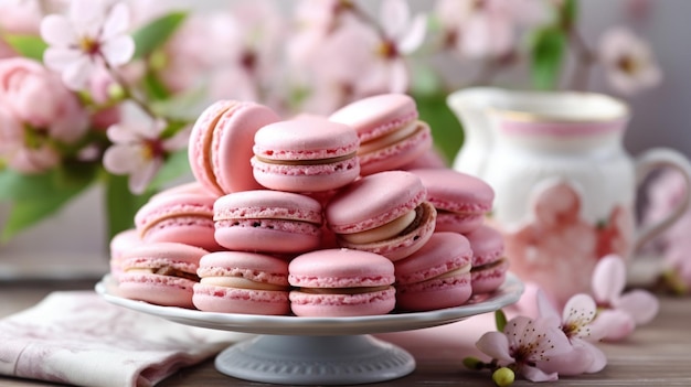 Une assiette de macarons roses à fleurs roses