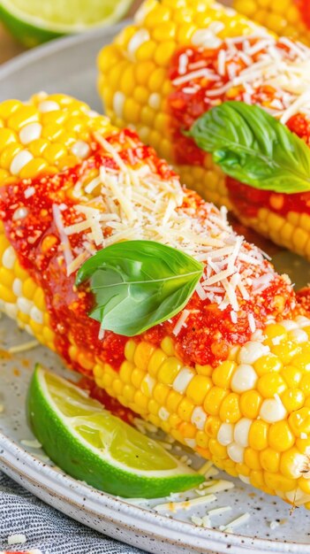 Une assiette de maïs grillé sur la tourbe surmontée de sauce tomate et de fromage parmesan