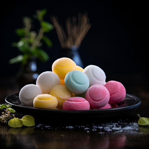 une assiette de marshmallows colorés avec une plante verte en arrière-plan.