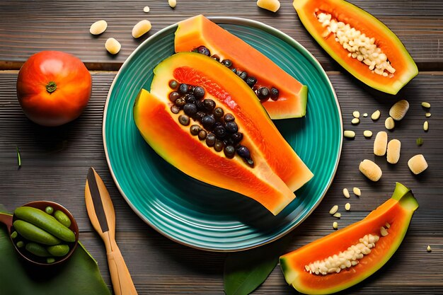 Photo une assiette de melon et de graines sur une table.