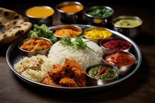 Une assiette en métal ornée d'un assortiment alléchant de divers types d'aliments Un thali indien plein de currys colorés et de riz AI généré
