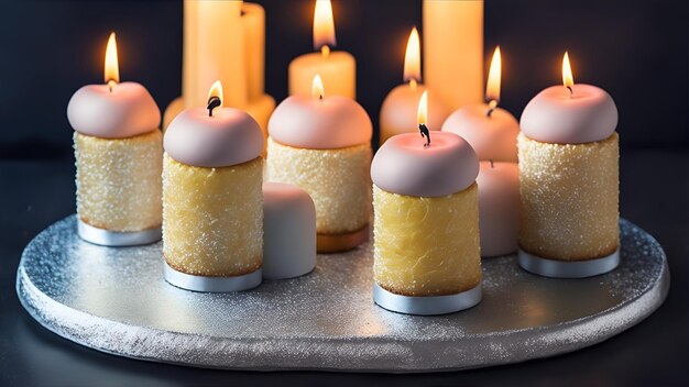 Photo une assiette de mini bougies avec un gâteau dessus