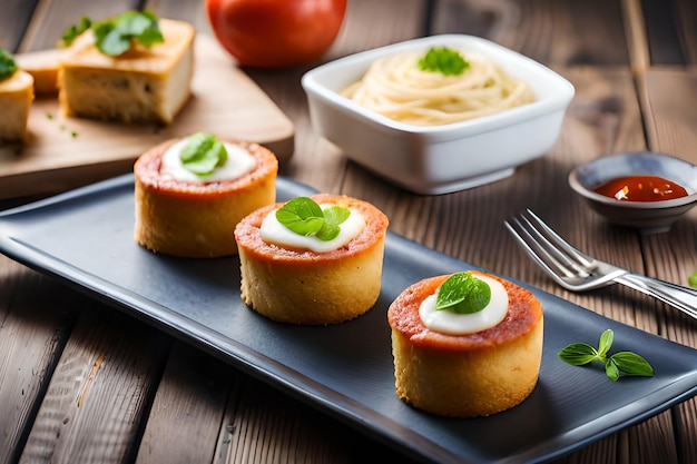 Une assiette de mini cheesecakes avec un bol de spaghetti et un bol de basilic.