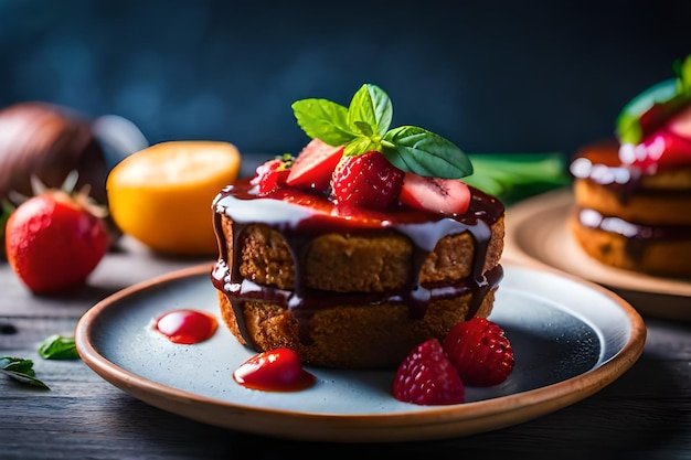 une assiette avec un morceau de gâteau et des fraises dessus