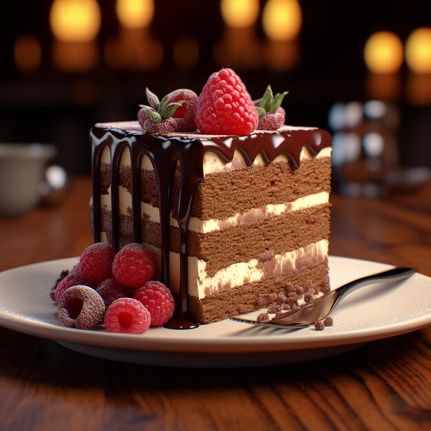 une assiette avec un morceau de gâteau et des framboises dessus