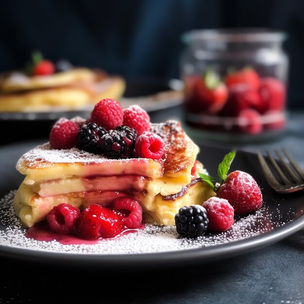 une assiette avec un morceau de gâteau et des framboises