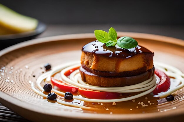 une assiette avec un morceau de gâteau et des fruits dessus