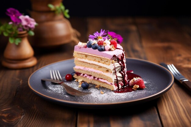 Une assiette avec des morceaux de gâteau délicieux sur une table en bois